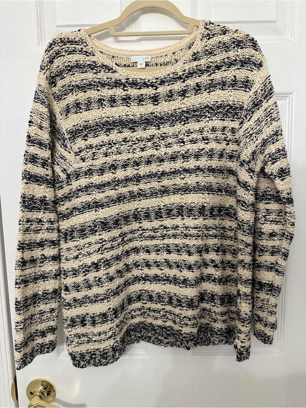 J. Jill‎ Womens Medium Sweater Navy Blue Cream Striped Chunky Knit Cotton Blend